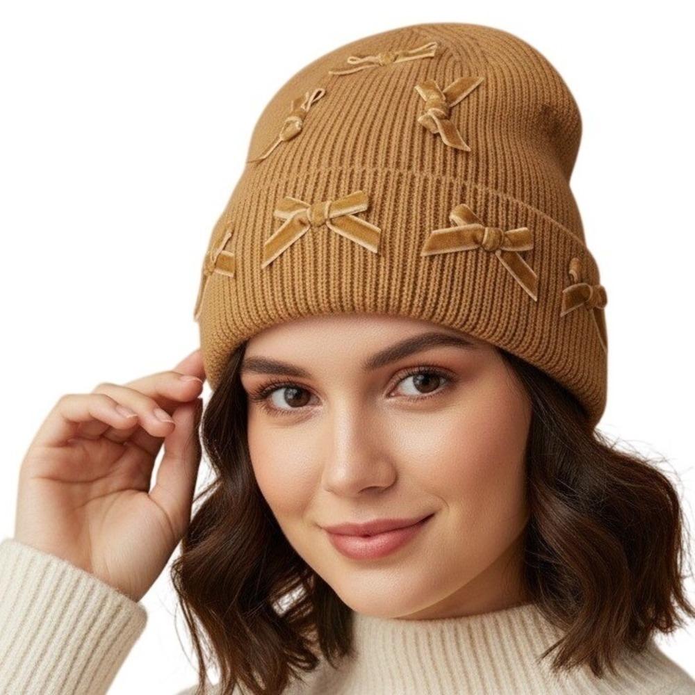 Simply Southern Preppy Solid Camel COQUETTE Beanie Hat Bow Adorned NWT